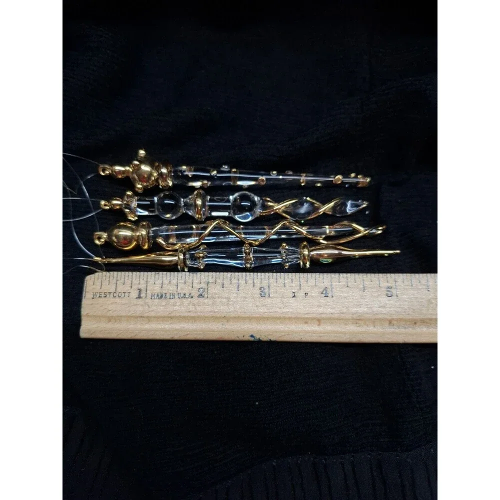 Vtg Glass Icicle Christmas Ornaments Clear Gold Accents Set of 4 Hanging 5 in